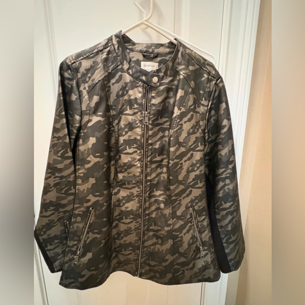 Avenue Faux Leather Olive Camo Zip-Front Jacket